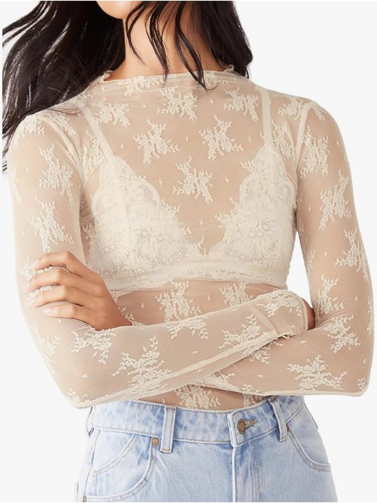 Tops - Sheer Lace Long-Sleeve Top